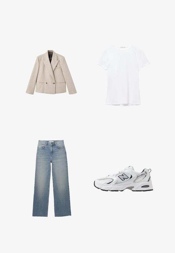 Bež dvostruki sako s reverom, vertikalnom prugom, dva prednja džepa i smeškim dugmadi. Tekstura tkanine.; Bijela majica kratkih rukava izrađena od glatkog materijala, s okruglim izrezom i suptilnim detaljima šivanja na rubu.; Svijetloplave široke traperice s visokim strukom, imaju prednje džepove i kopčanje na gumb. Glatka tekstura s izblijedjelim dijelovima.; Bijela atletska cipela s mrežastim gornjim dijelom, mornarskim akcentima i podstavljenim potplatom. Sadrži "N" logo, vezice i teksturirani detalj sa strane.