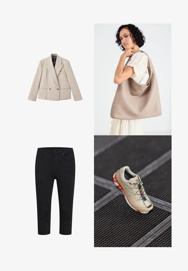 Bež blazer s dvorednim zapenjanjem in zareznim ovratnikom, vertikalnim prugastim vzorcem, dvema sprednjima žepoma ter rjavimi gumbi. Teksturirana tkanina.; Črn bustier z nastavljivimi trakovi, ki ima strukturirano ploščato obliko in teksturiran leopardski vzorec.; Črne kratke ozke hlače s sprednjim gumbom, zadrgo in sprednjimi ter zadnjimi žepi, prikazane na belem ozadju.; Bežni tekaški čevelj z oranžnimi detajli, zasnovan z teksturiranim zgornjim delom, črnim podplatom in integriranimi vezalkami. Ima GORE-TEX oznako.; Tkanina bež torba z naborjanjem in enim naramnim trakom. Ima teksturiran vzorec po celotni površini.; Zlata pravokotna ura na zapestju z teksturirano svetlo zeleno številčnico, dvema črnima kazaloma za ure, zlatim kovinskim zapestjem in minimalističnim dizajnom.