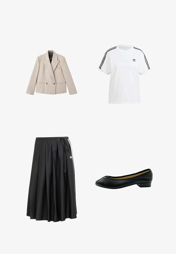 Blazer beige doppiopetto con revers a punta, motivo a righe verticali, due tasche frontali e bottoni marroni. Finitura in tessuto testurizzato.; T-shirt bianco in cotone con maniche corte, colletto tondo e strisce verticali nere sulle spalle, con un piccolo logo nero sul petto.; Gonna nera midi con cintura elastica, lacci laterali, strisce bianche e logo trefoil Adidas sul lato destro.; Ballerina nera in pelle con punta arrotondata, caratterizzata da un piccolo nodo decorativo e un tacco a blocco basso. Superficie lavorata e silhouette snella.