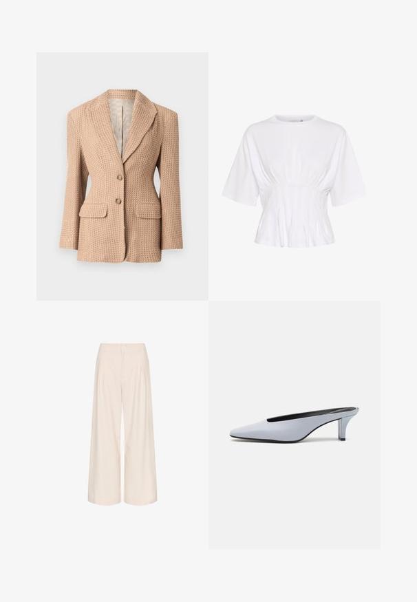 Bež s teksturojo blazer s tkanim vzorcem, s prerezanim ovratnikom, dvema sprednjima žepoma in dvema gumboma. Podložen notranji del v svetli barvi.; Bela kratka majica s kratkimi rokavi, izdelana iz mehkega materiala, z okroglim izrezom in nabranimi detajli v pasu za telesno prilegajoč videz.; Kremne hlače širokega kroja z gubami, narejene iz gladkega materiala. Imajo visok pas in stranske žepe za funkcionalnost.; Svetlo modre lakirane mule s poudarjenim nosom, nizkim prozornim petam in elegantnim dizajnom z izrezom na sprednjem delu.