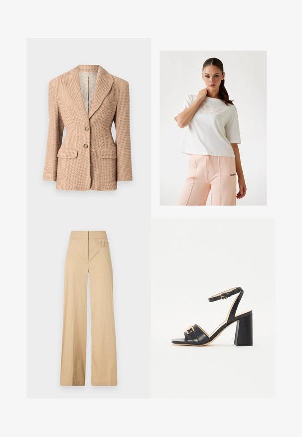 Bež s teksturojo blazer s tkanim vzorcem, s prerezanim ovratnikom, dvema sprednjima žepoma in dvema gumboma. Podložen notranji del v svetli barvi.; Bela skrajšana majica s kratkimi rokavi z logotipom "GUESS" v svetlo roza barvi, v kombinaciji s breskevasto trenirka, ki ima črn logotip na strani. Gladek bombažni material.; Beige široke hlače iz mešanice bombaža. Imajo gladko teksturo, elastičen pas in stranski gumbov detajl.; Črne visokootvorjene sandale iz gladke usnjene, ki imajo kvadratni nos, trak okoli gležnja in zlat odtenek na sprednji strani.