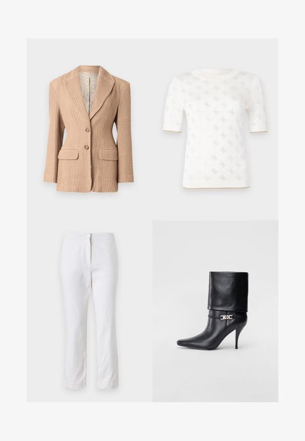 Bež s teksturojo blazer s tkanim vzorcem, s prerezanim ovratnikom, dvema sprednjima žepoma in dvema gumboma. Podložen notranji del v svetli barvi.; Pleteni beli kratkotrajni top z diskretno vzorcem, ki ima okroglo ovratnico in zlat dodatek na robu. Tekstura se zdi lahka in zračna.; Beli bombažne hlače s ravnim krojem, srednje visoko pasom, brez vidnih kovinskih elementov ali vzorcev. Gladka textura po vsej površini.; Črne usnjene gležnjarje z ostrim nosom, visokim stiletto peto, zavihanim robom in zlatim okrasnim zaponko na gležnju.