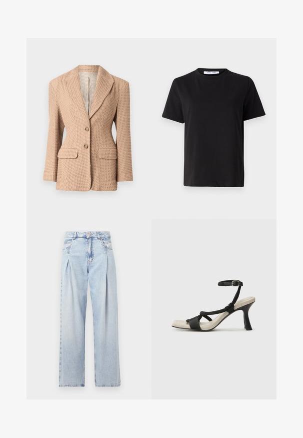 Béžový, textúrovaný blazer s tkaným vzorom, s klopovým golierom, dvoma prednými vreckami a dvoma gombíkmi. Prešívaný interiér v svetlej farbe.; Čierne tričko s krátkym rukávom vyrobené z mäkkej bavlny, s okrúhlym výstrihom, uvoľneným strihom a hladkou štruktúrou. Žiadne viditeľné vzory ani grafika.; Svetlomodré džínsy s vysokým pásom, širším strihom po celej dĺžke, dvoma bočnými vreckami a skladaným dizajnom. Mäkka textúra s vyblednutým vzhľadom.; Čierne sandále na podpätku s pleteným pásikom, štvorcovou špičkou a nastaviteľným remienkom okolo členka. Svetlobéžová stielka s lesklým čiernym podpätkom.