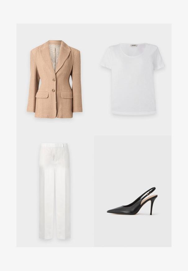Beige texturovaný blejzr s tkaným vzorem, klopový límec, dvě přední kapsy a dva knoflíky. Podšívka v jasné barvě.; Bílý tričko s krátkým rukávem vyrobené z měkké tkaniny, má kulatý výstřih a rovný lem bez viditelných vzorů nebo akcentů.; Bílé lněné kalhoty s rovný střih, s plochým předním dílem, poutky na opasek a bez viditelných kapes, které se vyznačují hladkou a lehkou texturou.; Černá kožená slingback lodička na vysokém podpatku s špičatou špičkou, hladkým povrchem a jemným páskem se metalickou sponou.