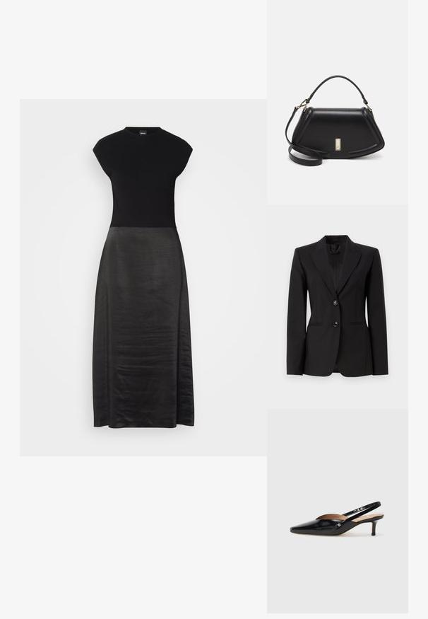 Black tailored blazer made of smooth fabric, featuring a notched lapel, two front buttons, and two side pockets with slight front seams.; Black dress featuring a fitted bodice and flowing, silky skirt. Cap sleeves, round neckline, smooth texture, and ankle-length design.; Black patent leather slingback pump with a pointed toe, small heel, and a cutout design on the vamp. Gold-tone hardware accent on the side.; Black leather handbag with a structured design, featuring a cropped shape, top handle, and gold hardware accent. Adjustable shoulder strap included.