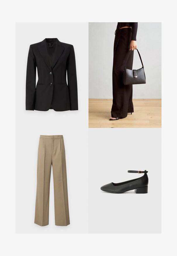 Musta räätälöity bleiseri, joka on valmistettu sileästä kankaasta. Bleiserissä on viisto kaulus, kaksi etupainiketta ja kaksi sivutaskua sekä vähäiset etusaumat.; Mustat puserot, joka on valmistettu sileästä kankaasta, jossa on taitettu muotoilu, solmittu yksityiskohta vyötäröllä ja lyhyet hihat.; Housut vaaleanbeigeä leveää lahkeiden tyyliä, valmistettu teksturoituneesta kankaasta. Etupuolella poimutukset ja litteä vyötärönauha. Ei näkyviä kiinnityksiä tai taskuja.; Mustat nahkakengät, joissa on terävä kärki ja matala lohkare korko. Varustettu nilkkahihnalla, jossa on kultasävyinen solki. Lisää sileä pinta.; Musta käsilaukku, jossa on rakenteellinen muoto, sileä pinta ja metallinen solki. Yhdistetty leveisiin mustiin housuihin ja avonaiheisiin sandaaleihin puulattialla.