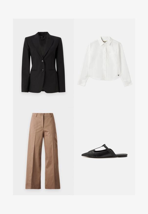 Black tailored blazer made of smooth fabric, featuring a notched lapel, two front buttons, and two side pockets with slight front seams.; White cropped long-sleeve shirt made of cotton. Features a button-up front, a chest pocket, and a small black logo on the bottom left.; Brown wide-leg trousers made from a smooth fabric, featuring a front button closure, two front pockets, and clean, tailored lines.; Black leather slingback shoe with a pointed toe, featuring a woven accent and pleated upper design. Flat sole with minimal hardware.