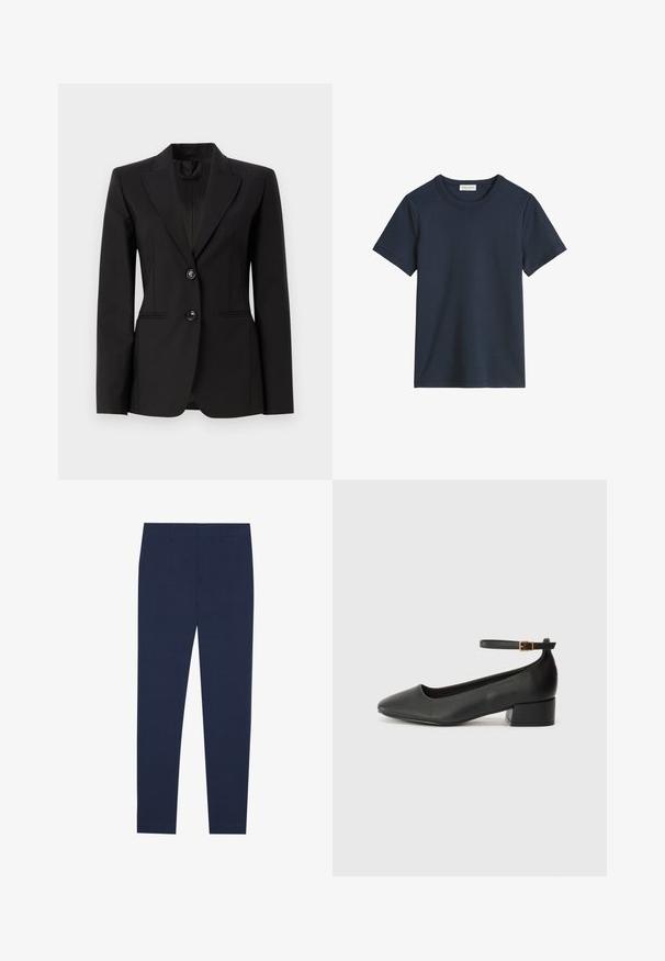 Zwart op maat gemaakte blazer van gladde stof, met een geknipte revers, twee voorknopen en twee zijzakken met lichte voornaden.; Navyblauwe katoenen T-shirt met een ronde hals en korte mouwen. De stof lijkt glad zonder zichtbare patronen of accenten.; Marineblauwe broeken van glad stof, met een recht model en een platte voorkant. Geen zichtbare patronen of accenten.; Zwarte leren pump met een spitse neus en een lage blokhak. Beschikt over een enkelband met een goudkleurige gespsluiting. Gladde textuur.