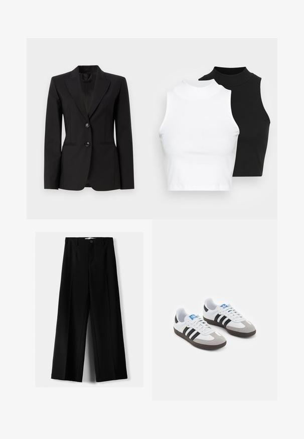 Zwart op maat gemaakte blazer van gladde stof, met een geknipte revers, twee voorknopen en twee zijzakken met lichte voornaden.; Twee mouwloze ribgebreide coltruien in zwart en wit, met een slim fit ontwerp en een gladde textuur, met een cropped lengte.; Zwarte wijde broek van lichtgewicht stof, met een knoopsluiting aan de voorkant en een vlakke achterkant, afgewerkt met keurig gestikte zoom.; Sportschoenen met een witte leren bovenkant, grijze suède neus en drie zwarte strepen. Bevat een blauw logo op de tong en een gestructureerde rubberen zool.