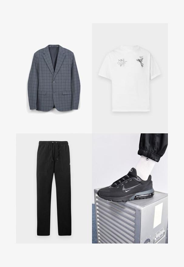 Blazer a quadri grigio realizzato in tessuto testurizzato, con revers a punta, due bottoni e due tasche frontali. Interno foderato in materiale scuro.; T-shirt in cotone bianco con stampa grafica nera di una figura alata e testo, con collo tondo e maniche corte.; Pantaloni sportivi neri in felpa, dotati di cintura elastica con cordini, due tasche anteriori e un piccolo logo sulla coscia.; Nike Sportswear PULSE - Sneakers basse - black/anthracite