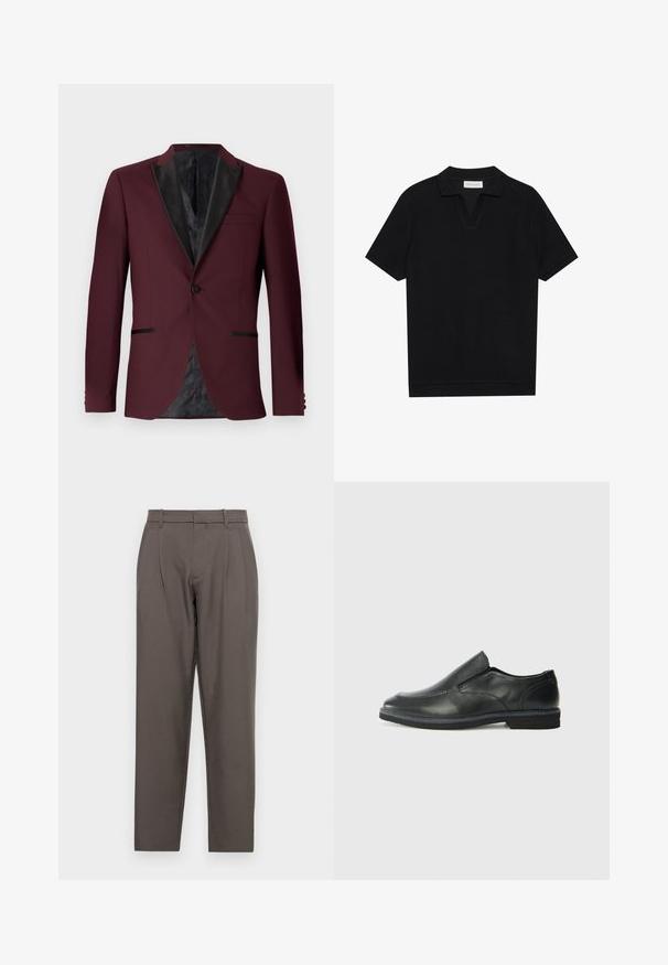 Burgundy blazer med sorte satin slag, enkelt knappelukning, to forlommer og mønstret sort foer. Skræddersyet pasform og struktureret form.; Sort kortærmet polo skjorte med en tekstureret, ribbede stof, der har en v-halsudskæring og en lige kant. Ingen synlige logoer eller mønstre.; Jack & Jones JPSTBILL JJDAYTONA WIDE - Bukser - pavement; Sorte læder slip-on sko med en glat overdel, syede detaljer, rund tå og en lav gummihæl. Sålen har minimal profil.