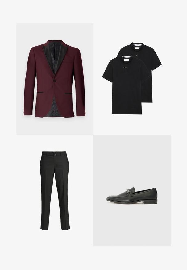 Blazer bordeaux con revers in satin neri, chiusura a un bottone, due tasche frontali e fodera nera a motivi. Vestibilità su misura e forma strutturata.; Due magliette polo nere, con maniche corte, in cotone, con colletto classico, pattina a due bottoni e dettagli a righe bianche all'interno del colletto.; Pantaloni neri, vestibilità sartoriale, tessuto liscio, vita media, chiusura con bottone frontale, tasche diagonali e dettagli di piega lungo le gambe.; Mocassino in pelle nera con finitura liscia, caratterizzato da un design cucito e da un accento decorativo in catena metallica sul vamp. Tacco piatto.