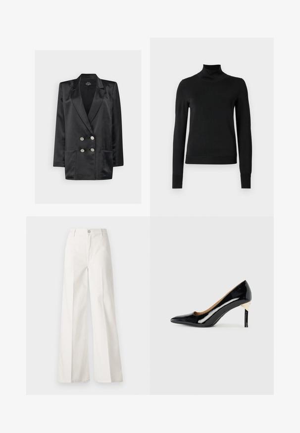 Must mustarätik, millel on kahekordne rinnaosa, mõlemal vöökohtadel ja hõbedased nupud. Silk tekstuur; kohandatud lõige.; Mustmusterta mustaga pikkade varrukatega kõrge kaelusega sviiter, millel on ribakudumisega mansetid ja äär, esitatud lihtsal valgel taustal.; Valged laiade jalgadega püksid, mis on valmistatud siledast puuvillast. Omab esitallist ning lukuga sulgemist ja nelja tasku disaini.; Must musta kõrge kontsaga king, millel on terav nina ja lõikekujundus; sisaldab peent kuldset aktsenti kontsal. Lihtne ja elegantne.
