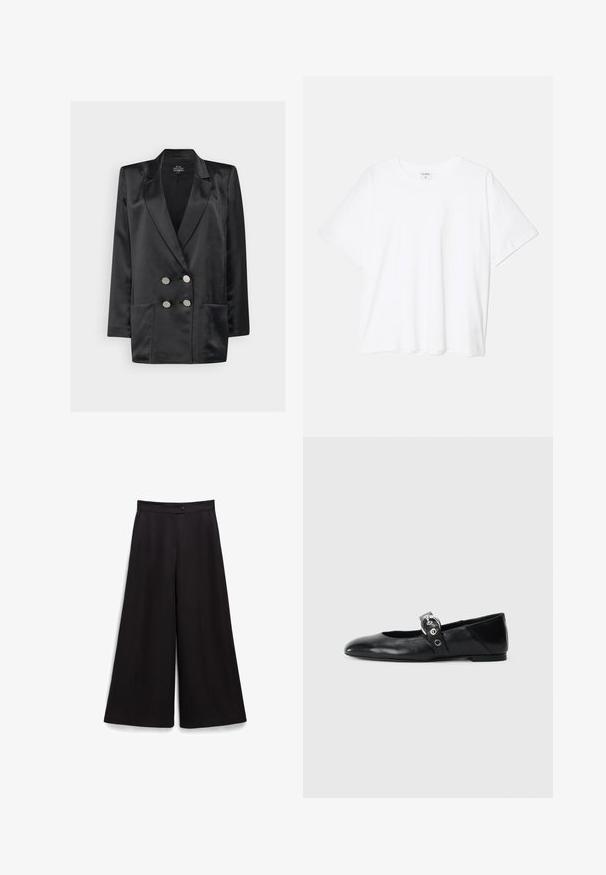 Czarna satynowa marynarka dwurzędowa z klapami, dwoma przednimi kieszeniami i akcentami w postaci srebrnych guzików. Gładka faktura; dopasowany krój.; Biała bawełniana koszulka z krótkim rękawem, okrągłym dekoltem, luźnym krojem i przeszytym brzegiem. Metka widoczna wewnątrz dekoltu.; Czarne spodnie o szerokich nogawkach z gładką fakturą, z zapięciem na guzik w talii i luźnym krojem. Brak widocznych wzorów lub akcentów.; Czarne skórzane baletki z wąskim noskiem, z paskiem z okrągłą metalową klamrą i płaską podeszwą.