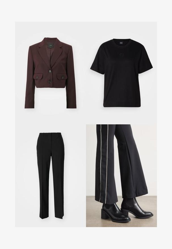 Pinko VIVONA  - Žakete - bordeaux intenso; Melna kokvilnas T-krekls ar apaļu izgriezumu, īsām piedurknēm un izšūtu logotipu uz krūtīm. Vienkāršs, brīvs piegriezums bez rakstiem.; Melnas pielāgotas bikses ar taisnu kāju dizainu, kas raksturojas ar gludu faktūru un asiem krokām pa priekšu. Nav redzamu metāla detaļu.; Melnas ādas potīšu zābaki ar blokveida papēdi, aprīkoti ar elastīgām sānu paneļiem. Kombinēti ar melniem biksēm, kuru sānos ir baltas svītras.