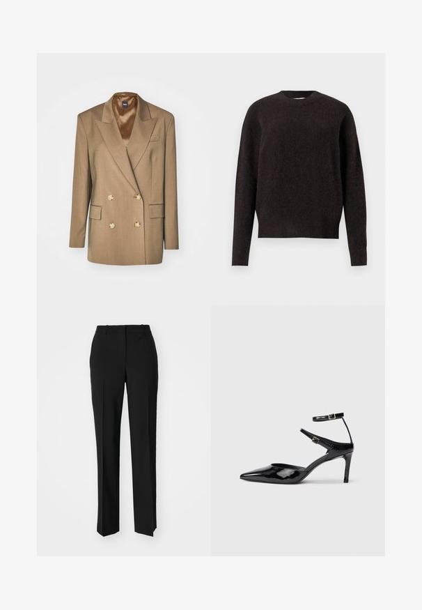 Blazer marrone doppiopetto con bottoni dorati, rever a punta e due tasche frontali; il tessuto ha una texture liscia e una vestibilità sartoriale.; Samsøe Samsøe ANOUR - Maglione - black coffee; Pantaloni neri su misura con un design a gamba dritta, caratterizzati da una texture liscia e pieghe ben definite sul davanti. Senza hardware visibile.; Décolleté in pelle eco-patent nera con punta affilata, cinturini alla caviglia regolabili e tacco sottile. Texture liscia con una finitura lucida.
