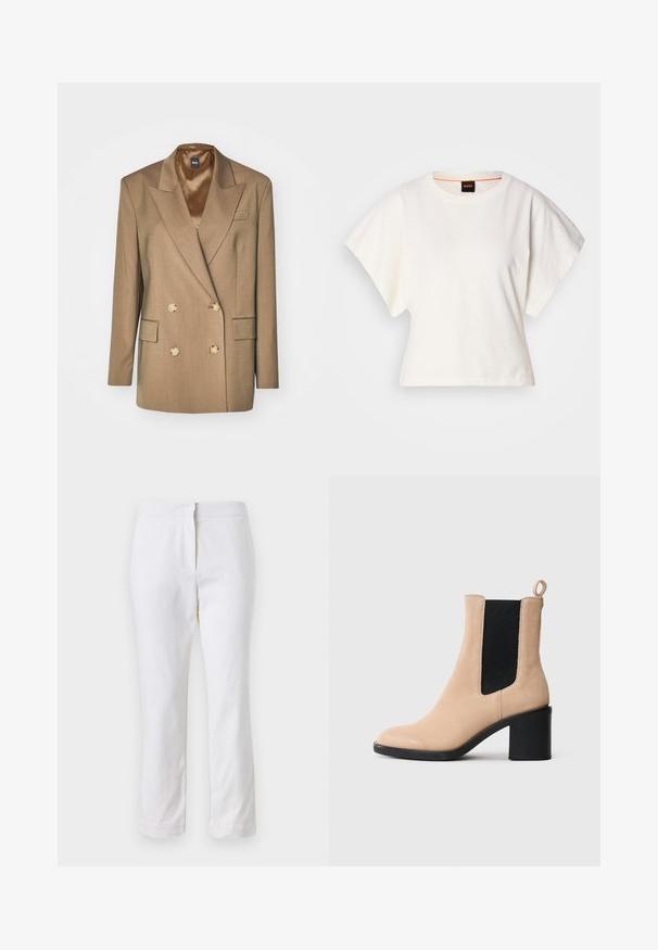Sacou maro cu două rânduri de nasturi, cu butoni aurii, rever zimțat și două buzunare frontale; materialul are o textură fină și o fitare pe măsură.; Tricou alb scurt, cu mâneci scurte și largi, din bumbac moale, cu decolteu rotund și un finisaj subtil portocaliu, design minimalist, fără modele sau grafice.; Pantaloni din bumbac alb, cu un design drept, având talie medie și fără hardware sau modele vizibile. Textură uniformă pe întreaga suprafață.; Botine bej din suede, cu toc pătrat, având o inserție elastică neagră și un tab de prindere în spate. Textură netedă și design cu vârf rotund.