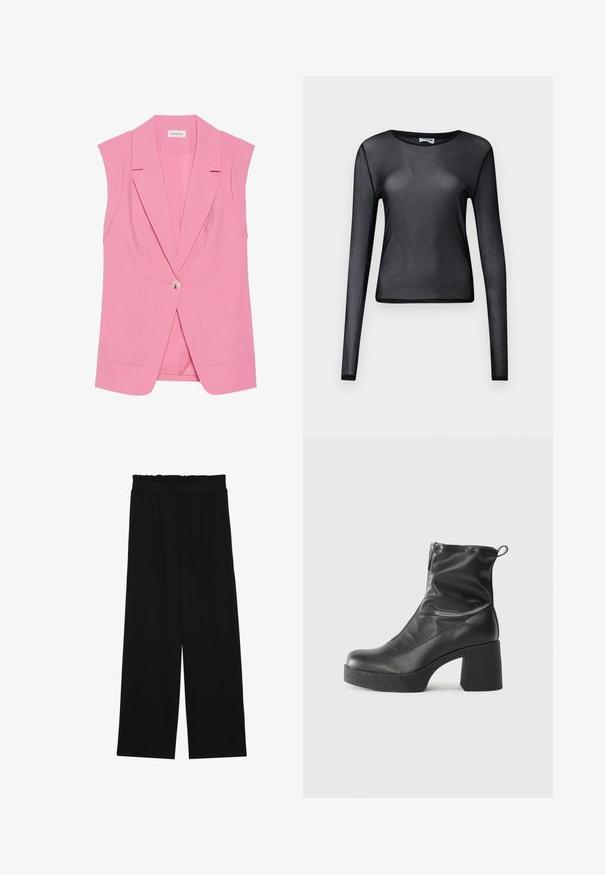 Vesta roz fără mâneci, fabricată dintr-un material fin, cu închidere printr-un singur nasture, rever tip notch și două buzunare frontale aplicate.; Top lung cu mânecă lungă, de culoare neagră, fabricat dintr-un material transparent, având un gât rotund și o croială ajustată, cu margini fin finisate.; Pantaloni largi negri cu un tiv volant, cu două buzunare laterale și un material neted, ușor. Fără modele vizibile sau accesorii.; Bocanci negri de glezna din piele netedă, cu fermoar lateral, toc texturat și masiv, și design cu vârf rotund.
