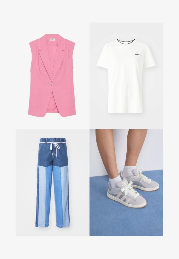 Svetlo roza brezrokavnik iz gladkega materiala, z enim gumbom za zapiranje, z nazobčanimi reverji in dvema sprednjima žepoma.; Bela bomba majica iz bombaža s kratkimi rokavi in okroglim izrezom. Ima črni Adidas logotip na prsih ter kontrastni črni notranji ovratnik.; Modre jeans hlače s patchwork dizajnom v različnih odtenkih modre, vrvico za prilagajanje na pasu in ohlapnimi, ravnimi nogavicami.; Sive športne copate iz zamšene kože z belimi vezalkami in gumijastim podplatom, ki imajo tri diagonalne črte ob strani in logotip na ježku.