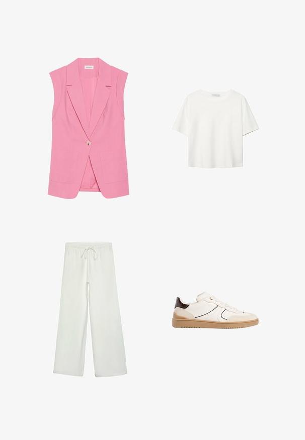 Svetlo roza brezrokavnik iz gladkega materiala, z enim gumbom za zapiranje, z nazobčanimi reverji in dvema sprednjima žepoma.; Bela kratka majica s kratkimi rokavi iz bombaža. Ima okroglo izrezovanje in sproščen kroj. Gladka tekstura brez vidnih vzorcev ali poudarkov.; Bele široke hlače iz mehkega blaga. Imajo elastičen pas s vrvico in gladko teksturo. Brez vidnih vzorcev ali kovinskih delov.; Stradivarius Športni copati - white