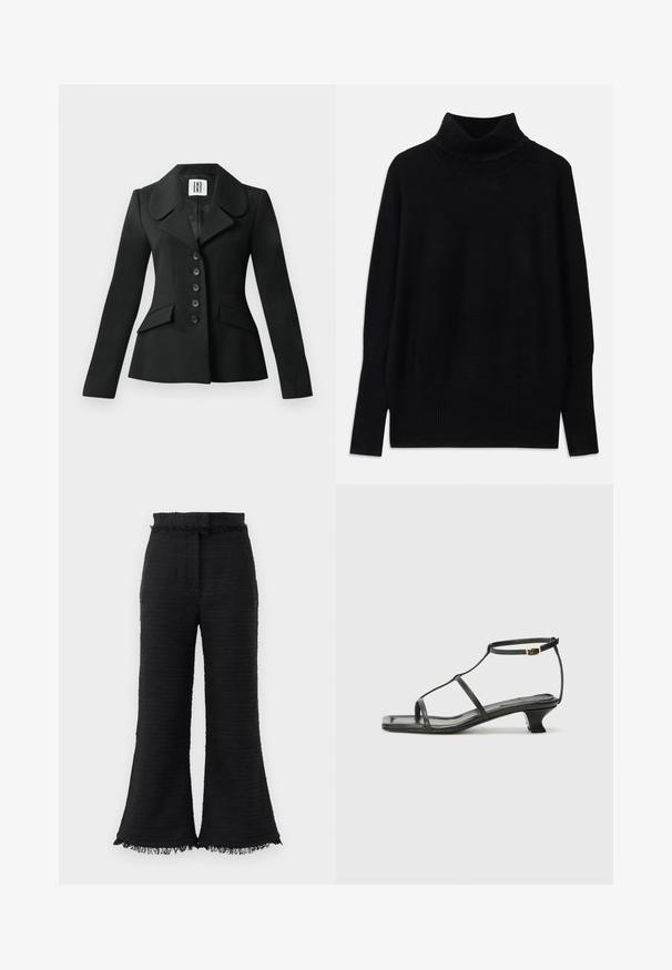 Fekete szabott zakó, amelynek strukturált sziluettje van, nagy gallérral, hat gombbal és két elülső zsebbel. Sima textúrájú, hosszú ujjaival.; Fekete garbó pulóver puha anyagból, bordás részletekkel a gallérnál és az ujjak végén, laza fazonnal és oldalsó sliccekkel.; Fekete, bő szárú nadrág texturált anyagból, szétfodrozódott szegéllyel és gumis derékrésszel. A dizájn sima felületet és laza illeszkedést kínál.; Fekete bőr szandál, négyzet alakú orral, vékony pántokkal, állítható bokapánttal és alacsony sarokkal. A pánton egy kis arany dísz található.