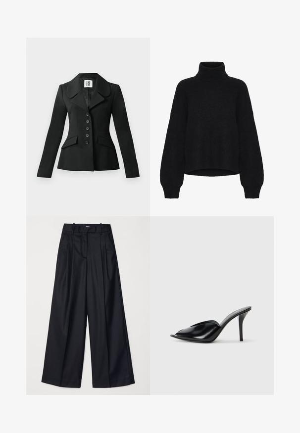 Črna krojena jakna s strukturirano silhueto, velikim ovratnikom, šestimi gumbi in dvema sprednjima žepe. Gladka tekstura, dolge rokave.; Črn pulover s kolebnico in skrajšano obliko, izdelan iz puhastega materiala. Ima široke rokave in rebrast teksturo na ovratniku.; Črne široke hlače iz gladkega blaga, z visokim pasom, naborki in prirejenim dizajnom. Preprosta črna strojna oprema na pasu.; Črne usnjene mule s visokimi petami, odprto nosilo, bodičast dizajn, gladka tekstura in ozka stiletnica.