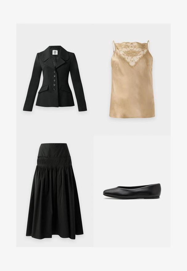 Black tailored jacket with a structured silhouette, large collar, six buttons, and two front pockets. Smooth texture, long sleeves.; Satin camisole in beige with lace detailing at the neckline, featuring thin adjustable straps and a smooth, glossy texture.; Black knee-length skirt made of smooth fabric, featuring a fitted waistband and gathered design for fullness.; Paul Smith TOPANGA - Ballet pumps - black