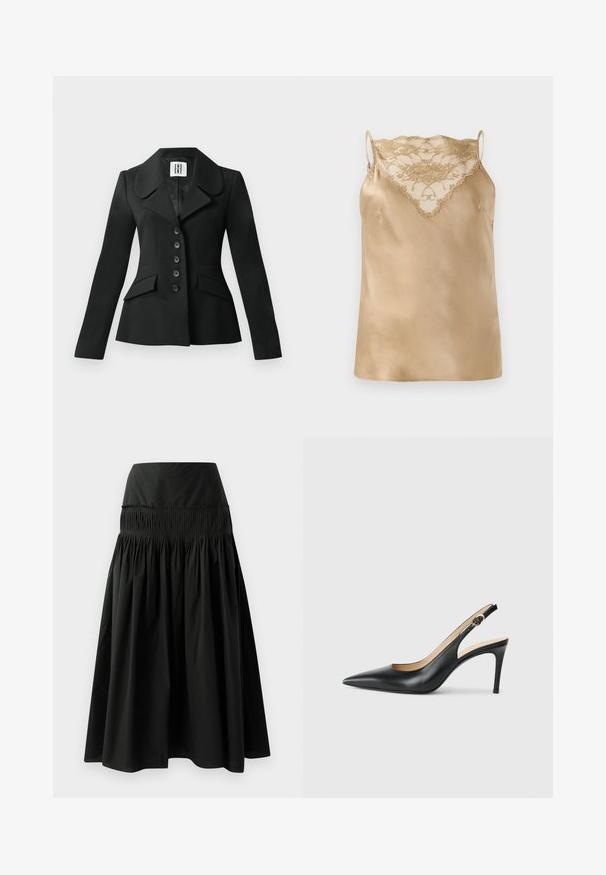 Giacca nera su misura con silhouette strutturata, ampio colletto, sei bottoni e due tasche frontali. Tessuto liscio, maniche lunghe.; Camisola in satin beige con dettagli in pizzo sullo scollo, caratterizzata da sottili spalline regolabili e una texture liscia e lucida.; Gonna nera fino al ginocchio realizzata in tessuto morbido, con una vita aderente e un design arricciato per un effetto voluminoso.; Slingback in pelle nera con i tacchi alti a punta, cinturino regolabile e tacco a spillo elegante, caratterizzati da una finitura liscia.