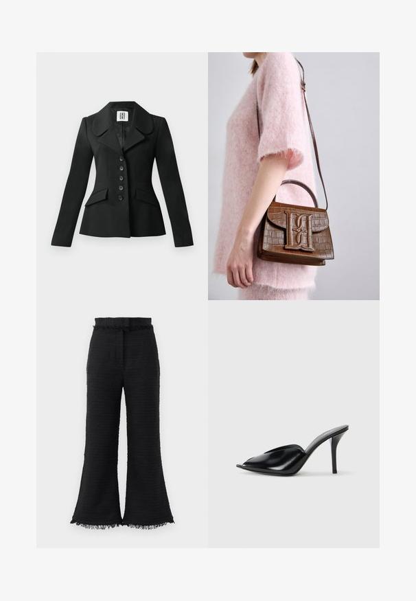 Black tailored jacket with a structured silhouette, large collar, six buttons, and two front pockets. Smooth texture, long sleeves.; Black turtleneck bodysuit made of soft fabric, featuring long sleeves, a snug fit, and a thong-style bottom for a streamlined silhouette.; Black wide-leg pants with textured fabric, frayed hem, and elastic waistband. The design features a smooth finish and relaxed fit.; Black leather high-heeled mules with an open toe, pointed design, smooth texture, and a slim stiletto heel.; Brown crocodile-embossed handbag with a top handle and shoulder strap. Features a prominent logo on the front flap. Soft texture.