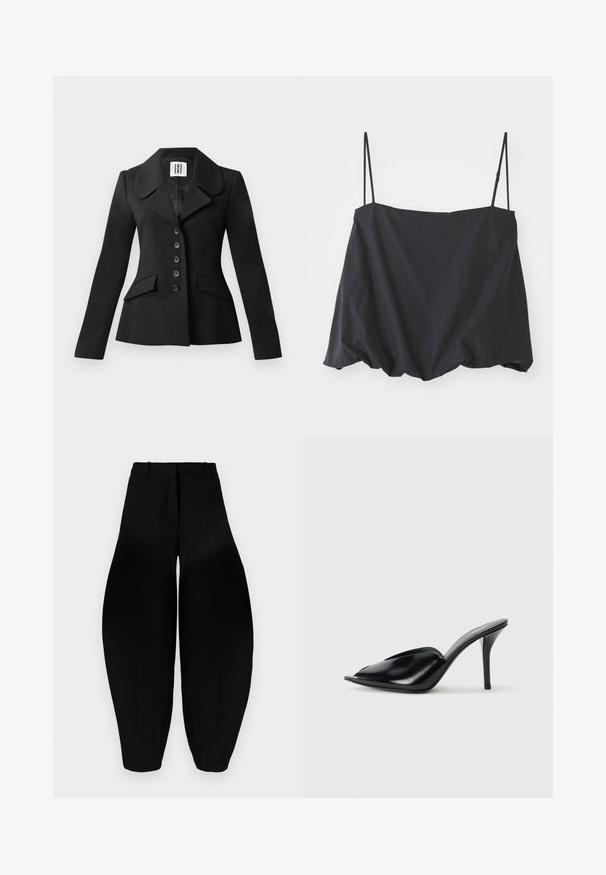 Sacou negru croit, cu o siluetă structurată, guler mare, șase nasturi și două buzunare frontale. Textură netedă, mâneci lungi.; Top negru fără mâneci, cu bretele subțiri, croială lejeră și tiv strâns. Fabricat dintr-un material ușor, cu o textură netedă.; Pantaloni negri cu croi larg, talie înaltă, cu pliuri în față și glezne conice. Realizați dintr-un material neted cu un finisaj mat.; Mule-uri negre din piele cu toc înalt, cu vârf deschis, design ascuțit, textură fină și toc subțire stiletto.