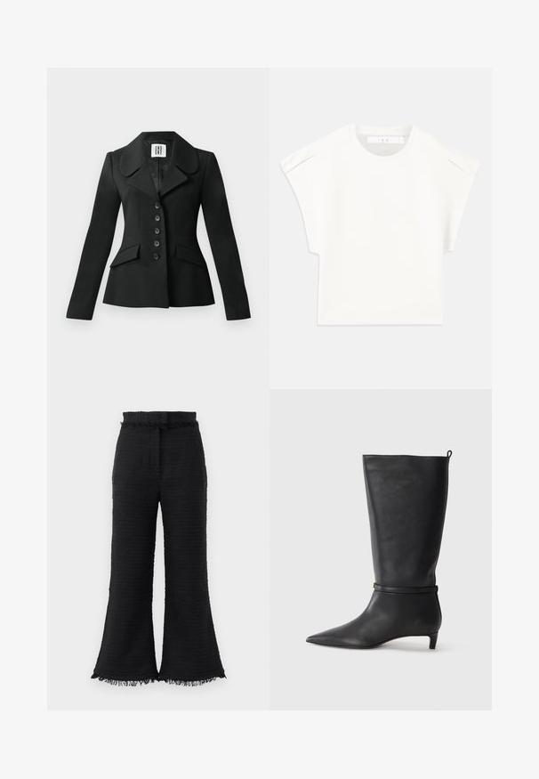 Black tailored jacket with a structured silhouette, large collar, six buttons, and two front pockets. Smooth texture, long sleeves.; White boxy t-shirt with short sleeves. Made from smooth fabric, featuring a round neckline and subtle shoulder accents. Simple design.; Black wide-leg pants with textured fabric, frayed hem, and elastic waistband. The design features a smooth finish and relaxed fit.; Black leather knee-high boot with a pointed toe, accented by a circular strap around the ankle and a low, tapered heel. Smooth texture.