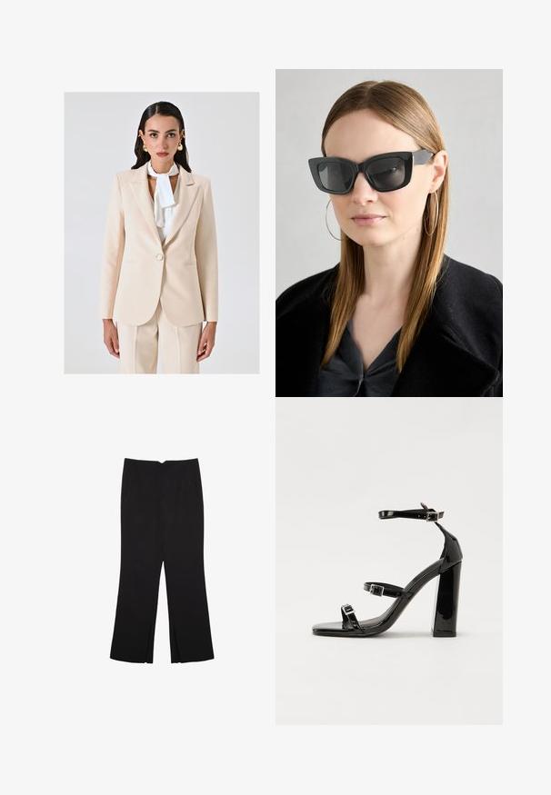 Rinascimento - Żakiet; Czarna bluzka z krótkim rękawem, wykonana z gładkiego materiału; posiada dekolt w stylu drapowanym oraz asymetryczny dół, z dopasowanym krojem.; Czarne spodnie o prostym kroju, z przednimi kieszeniami i bocznymi rozcięciami na dole. Wykonane z miękkiego, gładkiego materiału. Odpowiednie na różne okazje.; Czarne lakierowane sandały na obcasie z kwadratowym noskiem, z paskami wokół kostki i srebrnymi klamrami. Posiadają masywny słupek dla stabilności.; Czarne okulary w kocim kształcie z ciemnymi soczewkami, grubymi oprawkami i subtelnymi akcentami. Noszone z czarnym płaszczem i szarym topem, z długimi prostymi włosami.