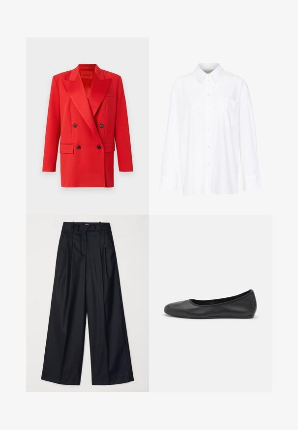 Czerwona dwurzędowa marynarka z ostro zakończonymi klapami, dwoma przednimi kieszeniami, czarnymi guzikami i zorganizowaną konstrukcją. Gładka faktura materiału.; Biała, długosleeve'owa koszula z kołnierzykiem, wykonana z bawełny. Posiada zapięcie na guziki z przodu oraz jedną kieszeń na piersi. Gładka tekstura, luźny krój.; Czarne spodnie o szerokich nogawkach, wykonane z gładkiego materiału, z wysokim stanem, zakładkami i dopasowanym krojem. Proste czarne elementy metalowe w talii.; Czarne skórzane baletki z zaokrąglonym noskiem, gładką fakturą, minimalnymi przeszyciami i elastycznym designem podeszwy.