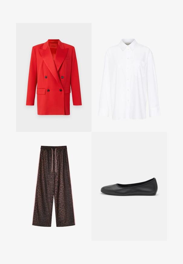 Blazer rouge à double boutonnage avec des revers pointus, deux poches avant, des boutons noirs et un design structuré. Tissu à texture lisse.; Chemise blanche à manches longues avec col, en coton. Présente un devant à boutons et une poche poitrine unique. Texture lisse, coupe décontractée.; Pantalons à jambes larges en imprimé léopard marron et noir, avec une taille élastique dotée de cordons de serrage roses et de rayures roses sur les côtés. Tissu à la texture lisse.; Ballerines en cuir noir avec un bout rond, texture lisse, détails de couture minimalistes et design de semelle flexible.