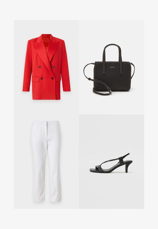 Sarkans divkrūšu žakets ar asiem uzrakstiem, divām priekšējām kabatām, melniem pogām un strukturētu dizainu. Gluda auduma tekstūra.; Melna kokvilnas T-kreklu ar īsām piedurknēm, apaļu kakla izgriezumu un nelielu baltu "Calvin Klein" logotipu krūtīs. Gluda tekstūra, klasiskā piegriezuma.; Baltas kokvilnas bikses ar taisnu kāju dizainu, ar vidēju augstumu un bez redzamām detaļām vai rakstiem. Visā virsmā ir gluda tekstūra.; Melni papēžu sandaļi ar šauru siksniņu dizainu, kvadrāta purngalu un vidēja augstuma blokveida papēdi. Izgatavoti no gludas ādas ar matētu apdari.; Melns roku soma ar divām īsām rokturiem un noņemamu plecu siksnu. Gluda ādas līdzīga materiāla ar rāvējslēdzēja aizdari un logos detaļu.