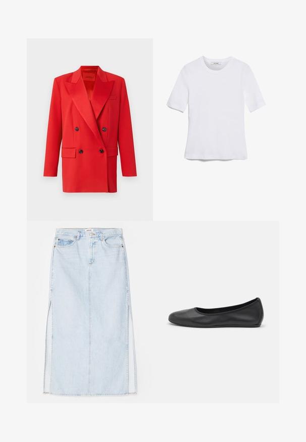 Rode dubbelgeknoopte blazer met scherpe revers, twee vo pockets, zwarte knopen en een gestructureerd ontwerp. Glad stoffen textuur.; Witte korte mouwen t-shirt van ribstof. Ronde halslijn, normale pasvorm en subtiele stiksels. Geen patronen of grafische elementen.; Lichtblauwe denim maxi rok met een rechte snit, voorzien van zijsplits en een ontwerp met vijf zakken. Opvallende stiksels en metalen knoopsluiting.; Zwarte leren ballerina met een ronde neus, gladde textuur, minimale stikdetails en een flexibele zoolontwerp.