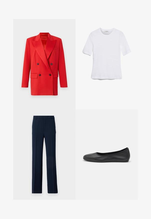 Rød dobbeltbrystet blazer med skarpe revers, to forlommer, sorte knapper og et struktureret design. Glat stofstruktur.; Hvid kortærmet t-shirt lavet af ribbet stof. Rund halsudskæring, almindelig pasform og subtile syninger. Ingen mønstre eller grafik.; Mørkeblå bukser lavet af glat stof, med et lige ben design og frontfolder samt sidelommer for et skræddersyet look.; Sort læderballetsko med rund tå, glat tekstur, minimal syning og et fleksibelt såldesign.