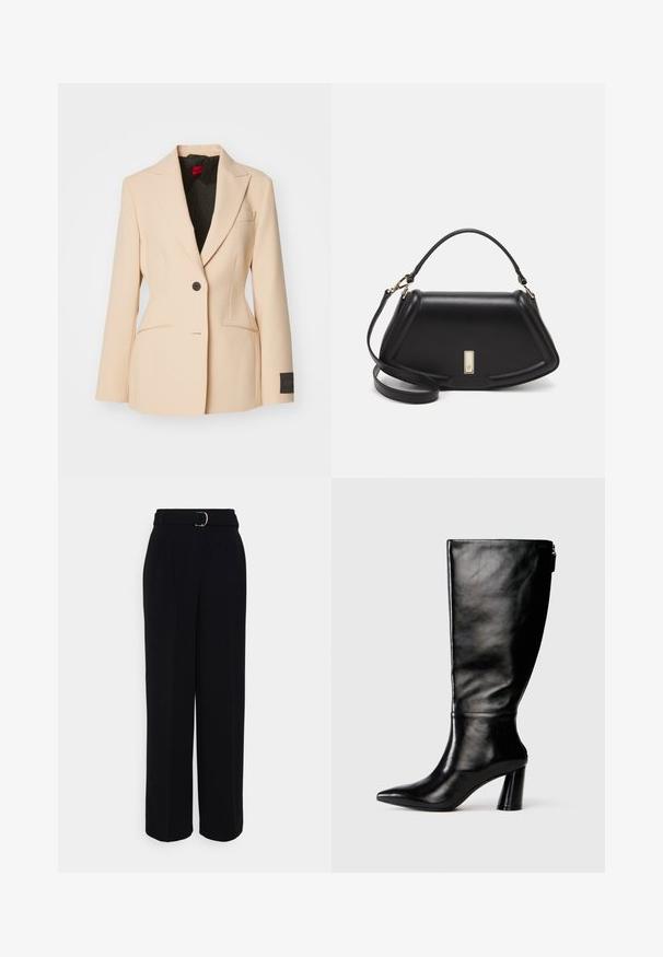 HUGO AYSEMA - Blazer - open beige; Black cotton t-shirt with a crew neckline, short sleeves, and an embroidered logo on the chest. Simple, relaxed fit with no patterns.; Black tailored pants with a wide-leg silhouette, featuring a belt with a silver buckle, pleats, and a smooth fabric texture.; Knee-high black leather boot with a pointed toe, smooth texture, and a chunky heel. Features a zipper detail at the back.; Black leather handbag with a structured design, featuring a cropped shape, top handle, and gold hardware accent. Adjustable shoulder strap included.