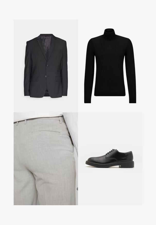 Giacca nera realizzata in tessuto liscio, con revers a punta, due bottoni e una sola tasca sul petto. Design su misura con due tasche frontali.; Maglione a collo alto nero realizzato in materiale morbido, con maniche lunghe e vestibilità aderente. Bordo a coste all'orlo e ai polsini. Design semplice.; Pantaloni sartoriali grigio chiaro realizzati in tessuto strutturato, con una tasca posteriore singola e cuciture pulite.; Scarpa nera in pelle con lacci, punta tonda, texture liscia, cuciture minime e tacco in gomma basso. Logo sul tacco.