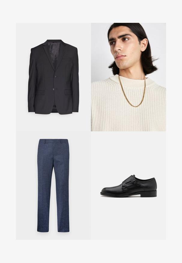Veste de costume noire en tissu lisse, avec un revers cranté, deux boutons et une poche poitrine simple. Design ajusté avec deux poches avant.; Chemise blanche à manches longues en coton, dotée d'un col classique, de boutons à l'avant et de détails de couture minimalistes.; Pantalon bleu marine en tissu texturé, avec des jambes droites, un devant plat et deux poches latérales. Pas de motifs ou d'accents visibles.; Chaussure habillée en cuir noir avec double boucle, silhouette élégante et bout rond. Dispose d'un petit talon et d'une texture lisse.; Collier en chaîne dorée porté sur un pull en tricot côtelé crème ; texture douce avec un col haut et un motif subtil dans le tissu.