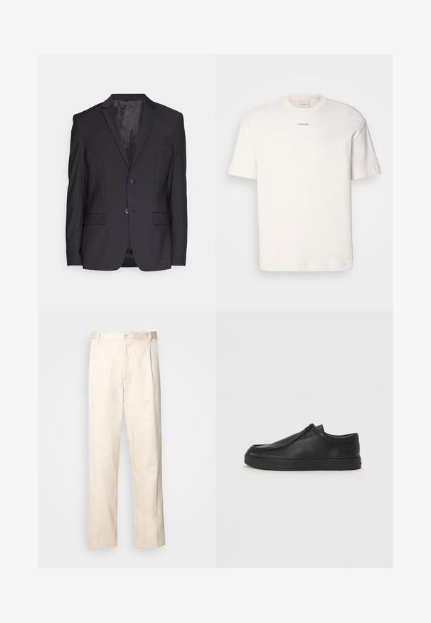 Must värvi ülikond, mis on valmistatud siledast kangast, millel on lõikega krae, kaks nööpi ja üks rindtasku. Kohandatud disain kahe esise taskuga.; Valge puuvillane T-särk, millel on ümar kaelus, lühikesed varrukad ning rinnas keskel tikitud "Calvin Klein" logo. Üksluisus.; Beesidised puuvillased püksid sirge jala lõikega, mis on varustatud nööpkinnituse ja ees olevate voltidega, et lisada detaili.; Must na ostri varvastega musta nahast libisemisega king, millel on tikand ja must kummitald. Sile tekstuur ja minimalistik disain.