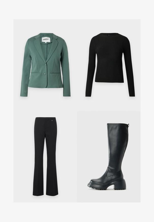 Blazer vert en tissu doux, avec un col à revers, une fermeture à un bouton et deux poches avant. Coupe cintrée avec des lignes épurées.; Pull ajusté noir à manches longues et côtelé avec un col rond, présenté sur un fond clair uni.; Pantalons évasés noirs en tissu lisse. Taille mi-haute avec passants de ceinture, devant plat et un petit accent doré près de la ceinture.; Botte en cuir noir haute avec semelle plateforme épaisse et talon carré, dotée d'une languette et d'un motif texturé sur la semelle extérieure.