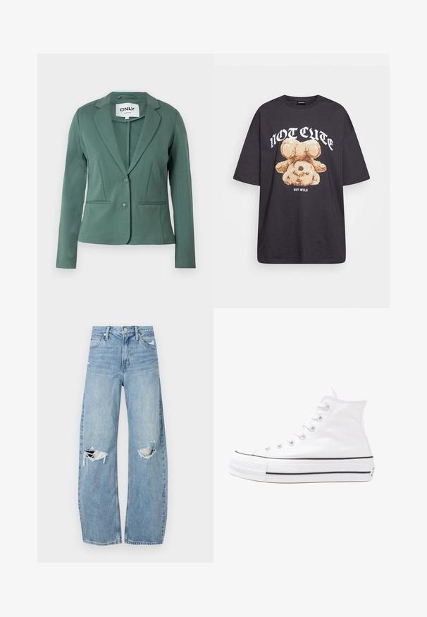 Grüner Blazer aus weichem Stoff, mit Reverskragen, einem Knopfverschluss und zwei Fronttaschen. Maßgeschneiderte Passform mit klaren Linien.; Schwarzes, übergroßes T-Shirt mit einem Grafikdruck eines Bären und dem Text "NICHT SÜß, SONDERN WILD" in fetter, weißer Schrift. Baumwollmaterial.; Helles, hochtailliertes Jeans aus Denim. Hat weit geschnittene Beine, zwei aufgerissene Kniebereiche und klassischen Fünf-Taschen-Stil.; Weiße hochwertige Leinensneaker mit schwarzer Gummisohle, vorderem Gummizehenschutz und sechs Ösen für Schnürsenkel, die ein sauberes, minimalistisches Design aufweisen.