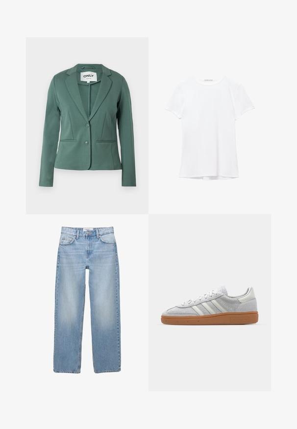 Groene blazer gemaakt van zachte stof, met een reverskraag, een knoopsluiting en twee voorzakken. Strak, op maat gemaakt met schone lijnen.; Witte short-sleeve t-shirt van gladde stof, met een ronde halslijn en subtiele stiksels bij de zoom.; Lichtblauwe denim jeans met een recht model, vijf zakken en zichtbare stiksels. De stof heeft een zachte, iets vervaagde textuur.; Lichtgrijze suède sneaker met witte leren accenten, drie witte strepen en een bruine rubberen zool, met een gewatteerde kraag voor comfort.