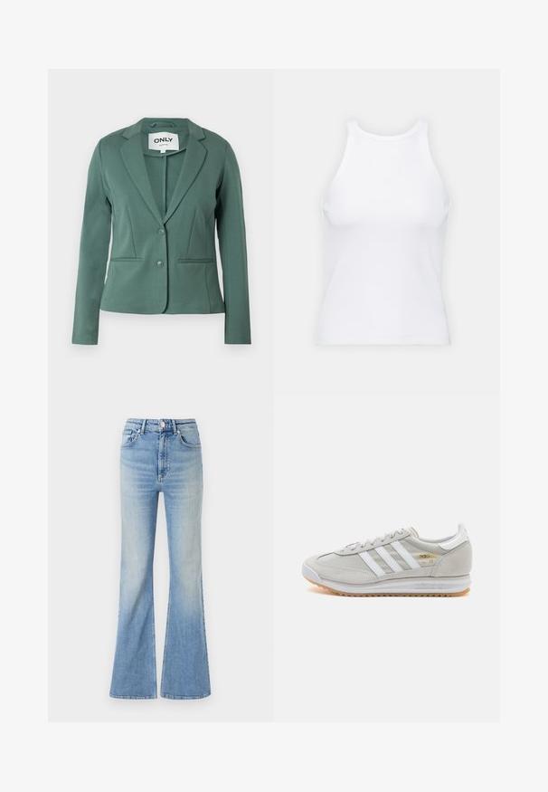 Blazer verde realizzato in tessuto morbido, con colletto a rever, chiusura a un bottone e due tasche frontali. Vestibilità tailored con linee pulite.; Top senza maniche bianco realizzato in tessuto a coste, caratterizzato da un collo arrotondato e una silhouette aderente, con cuciture minime e senza decorazioni.; Jeans flared di colore blu chiaro in denim, dotati di vita alta, design a cinque tasche e una leggera sfumatura verso l'orlo.; Sneaker grigio chiaro realizzato in suede e rete, con tre strisce bianche, punta arrotondata e suola in gomma color caramello. Accento del logo dorato vicino ai lacci.