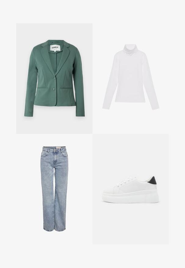 Grønn blazer laget av mykt stoff, med slagkrage, en knapp lukking, og to frontlommer. Skreddersydd passform med rene linjer.; Hvit langermet høyhalset topp laget av glatt, elastisk stoff. Har høy krage og tettsittende design, uten synlige mønstre eller dekorasjoner.; Lys blå vide jeans laget av denim, med høy midje, fem-lommers design og subtile falminger for et slitt utseende.; Hvite plattform sneakers laget av glatt syntetisk materiale, med rund tå, snøring og en strukturert gummisåle. Svart hæl akcent.