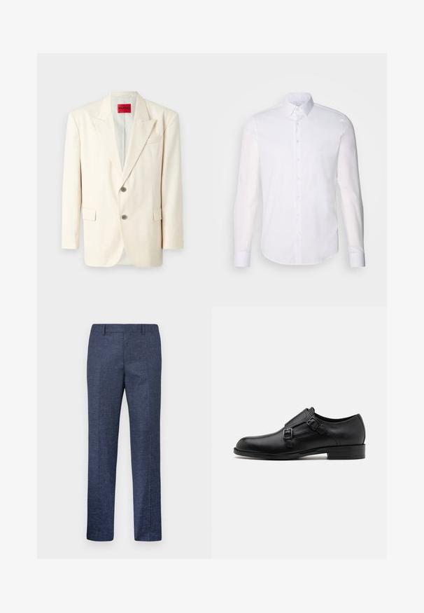 Svetlo béžový upravený blejzer s klopovými goliermi, dvoma prednými gombíkmi, náprsné vrecko a postranné vrecká, vyrobený z hladkej látky. Viditeľná značka.; Biela košeľa s dlhým rukávom, vyrobená z bavlny, s klasickým golierom, prednými gombíkmi a minimálnym prešívaním.; Námornícke modré nohavice vyrobené z textúrovanej látky, s rovnými nohavicami, plochým predkom a dvoma bočnými vreckami. Žiadne viditeľné vzory ani akcenty.; Čierne kožené spoločenské topánky s dvojitými prackami, elegantným siluetou a okrúhlou špičkou. Majú nízky opätok a hladký povrch.