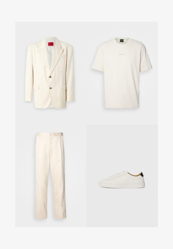 Blazer em beige claro, bem ajustado, com lapelas recortadas, dois botões à frente, um bolso no peito e bolsos laterais, feito de um tecido suave. Etiqueta da marca visível.; BOSS TEE - T-shirt básica - open white; Calças de algodão bege com corte reto, apresentando um fecho de botão e pregas na frente para um detalhe adicional.; Sapatilhas brancas com um cabedal em couro liso, bico redondo e sola plana. Detalhe preto no calcanhar, com atacadores tonais e uma marcação minimalista.