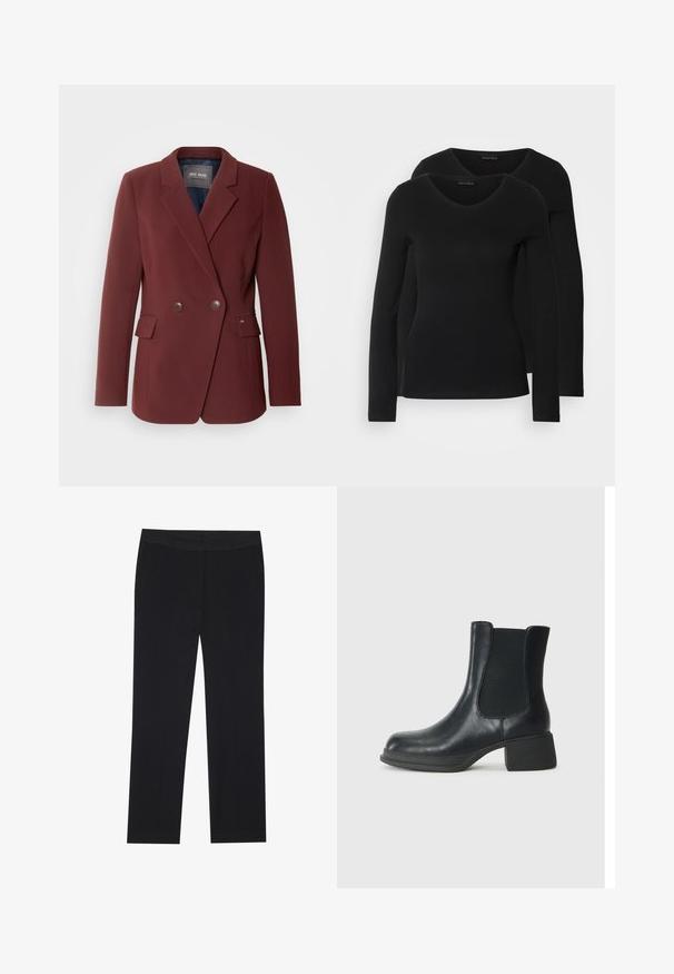 Mos Mosh BELLIS - Blazer - rum raisin; To svarte langermede skjorter med V-halsdesign, laget av mykt, elastisk stoff, viser jevn tekstur og en tettsittende fasong.; Sorte bukser med rette ben, med sidelommer og en glat stoffeksur. Minimal detaljer, ren linning.; Sorte skinn ankle boots med elastiske sidepaneler, rund tå og en lav blokk hæl. Overflaten har en jevn tekstur og minimal detaljering.