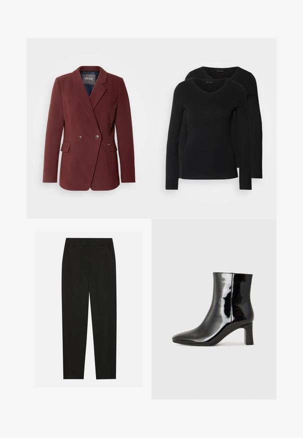 Mos Mosh BELLIS - Kratka jakna - rum raisin; Dva crna majice dugih rukava s V-izrezom, izrađene od mekanog, rastezljivog materijala, s glatkom teksturom i prilagođenim oblikom.; Crne hlače s krojem po mjeri, s bočnim džepovima i ravnim nogavicama. Izrađene od glatkog, laganog materijala s elegantnim završetkom.; Crne lakirane kožne gležnjače s šiljastim prstom i srednje visokom blok petom. Glatka tekstura i minimalistički dizajn.